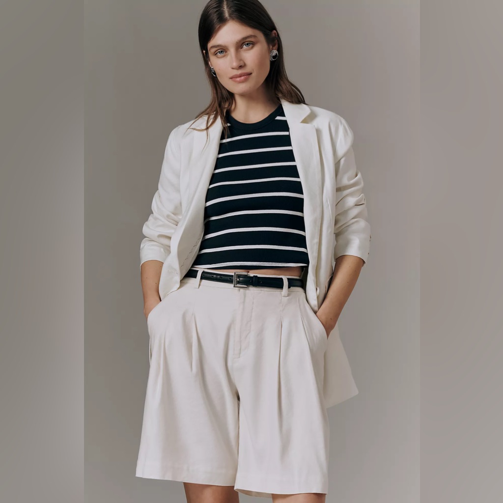 Anthropologie Cream High-Waist Pleated Bermuda Shorts With Belt